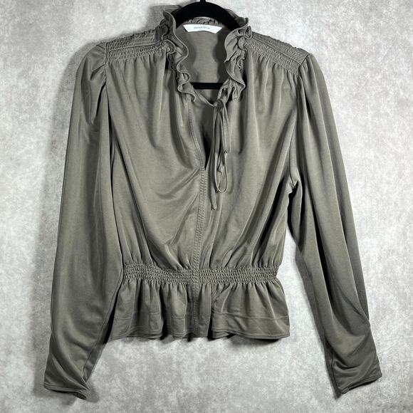 Rebecca Taylor Blouse Womens Medium Gray Peplum Hem Long Sleeve Ruffle Tie Neck - Picture 1 of 12